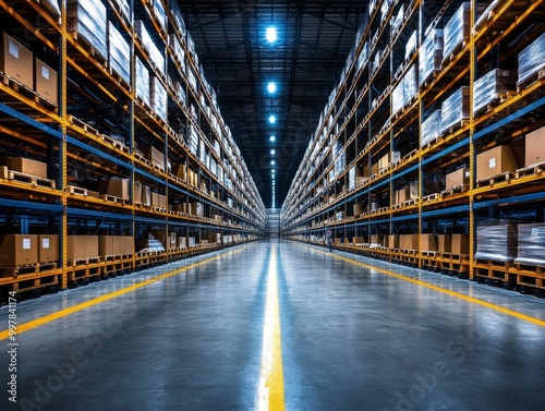 Long narrow aisle large warehouse is lined rows Modern interior