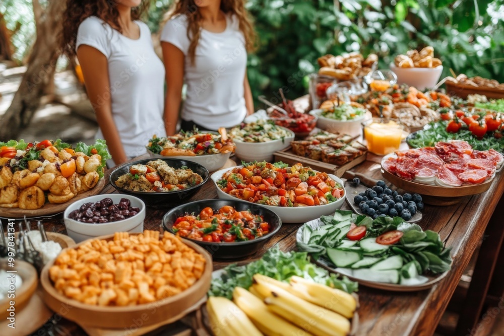 Long wooden table filled variety food items There A is covered Long wooden table filled variety food items There A is covered