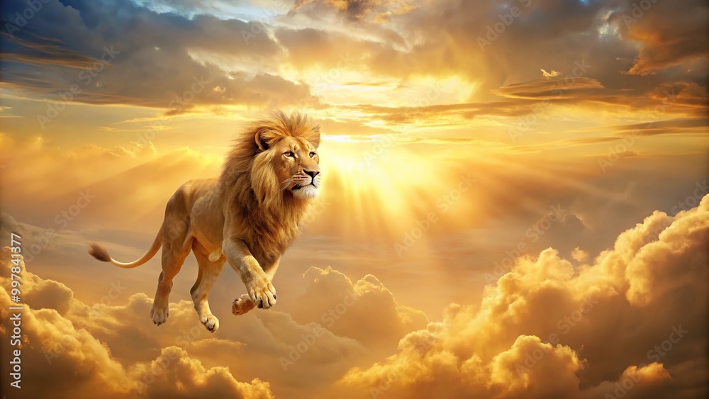 Obraz premium Enigmatic gold sky with aerodynamic lion silhouette