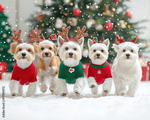 Group of dogs dressed as reindeer