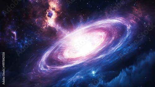 A swirling galaxy with a bright white center and purple and blue nebulae.