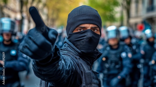 Man wearing black balaclava jacket standing front line A private law enforcement