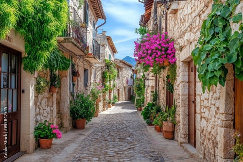 Narrow cobblestone street traditional Italian village is lined Spain. Explore