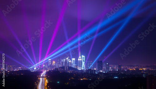 Neon City Skyline with Vibrant Streaks of Pink and Blue Lights Racing Across Horizon