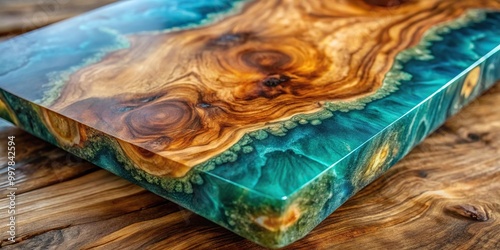 Epoxy resin casting on walnut burl wood texture background photo