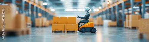 A sleek AI-powered robot collaborating with a human worker in a futuristic warehouse