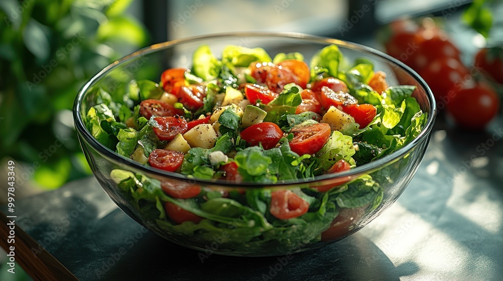 Fresh salad with cherry tomatoes and greens in a glass bowl. Fresh salad with cherry tomatoes and greens in a glass bowl.