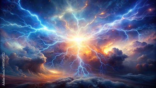 Ethereal electric storm cosmic energy pulse in cloudscape aerial view photo