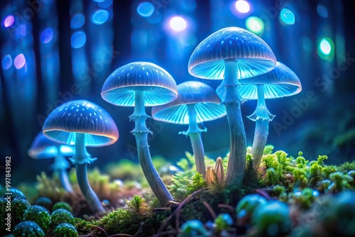 Ethereal glow of bioluminescent mushrooms in symmetrical patterns