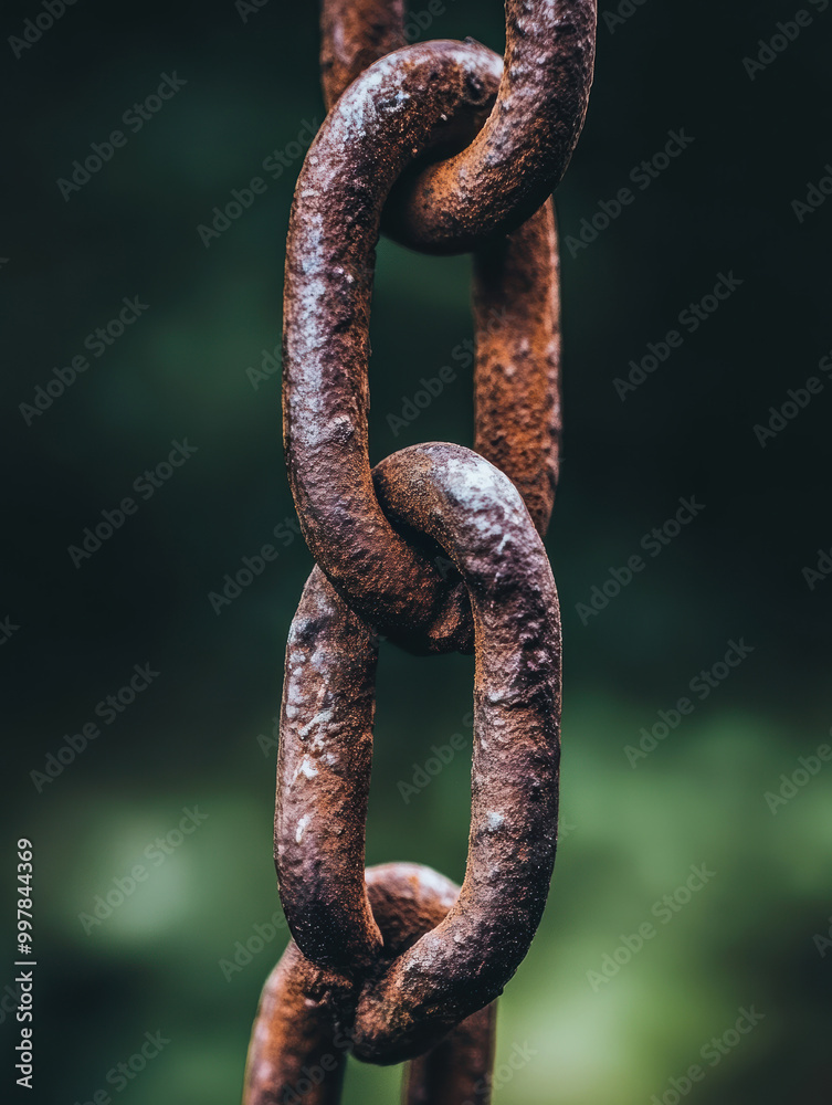 Close-up of rusted, worn metal chain links, showcasing texture and decay against a green blurred background, symbolizing strength and aging. Close-up of rusted, worn metal chain links, showcasing texture and decay against a green blurred background, symbolizing strength and aging.