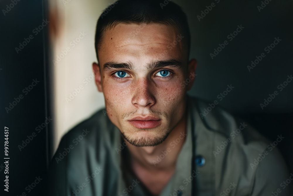Intense close-up portrait of a young man with striking blue eyes, gazing intently at the camera. Intense close-up portrait of a young man with striking blue eyes, gazing intently at the camera.