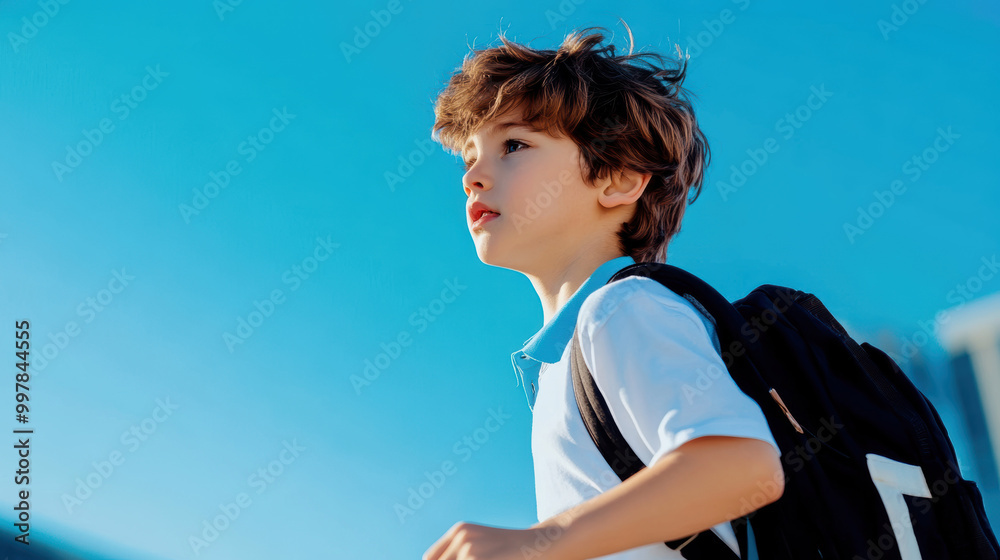 A young boy with unruly hair and a backpack looks upward towards the blue sky, capturing a moment of curiosity and wonder in bright daylight. A young boy with unruly hair and a backpack looks upward towards the blue sky, capturing a moment of curiosity and wonder in bright daylight.