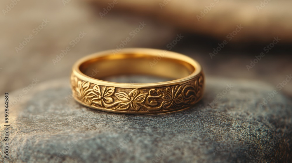 A gold ring with delicate engravings, displayed on a smooth stone. A gold ring with delicate engravings, displayed on a smooth stone.