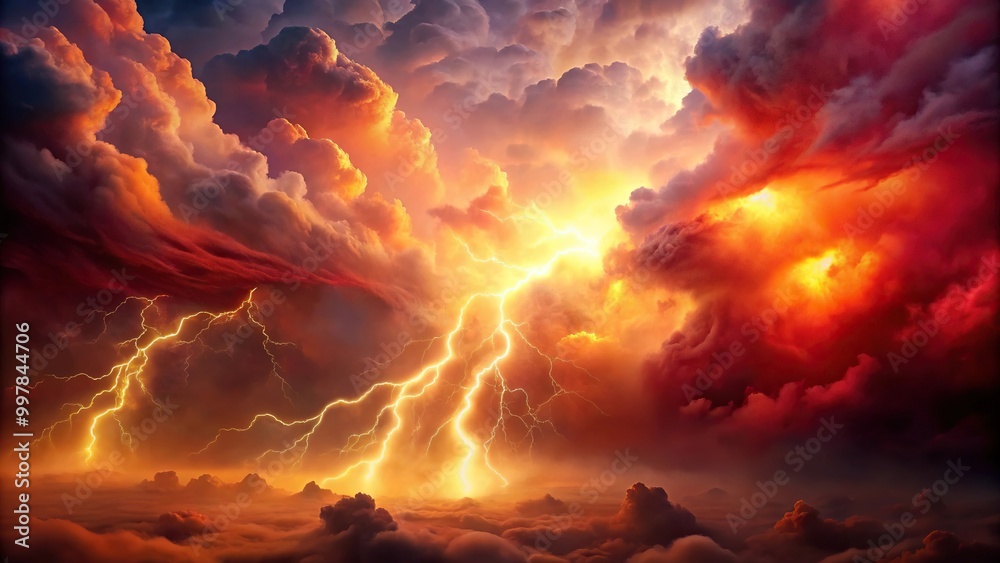 Ethereal turbulent sky with red clouds and golden lightning bolts in minimalist style Ethereal turbulent sky with red clouds and golden lightning bolts in minimalist style