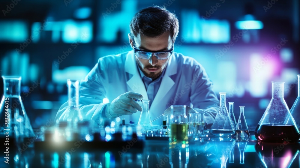 Scientist working laboratory He is wearing white lab Two Scientists Together Scientist working laboratory He is wearing white lab Two Scientists Together