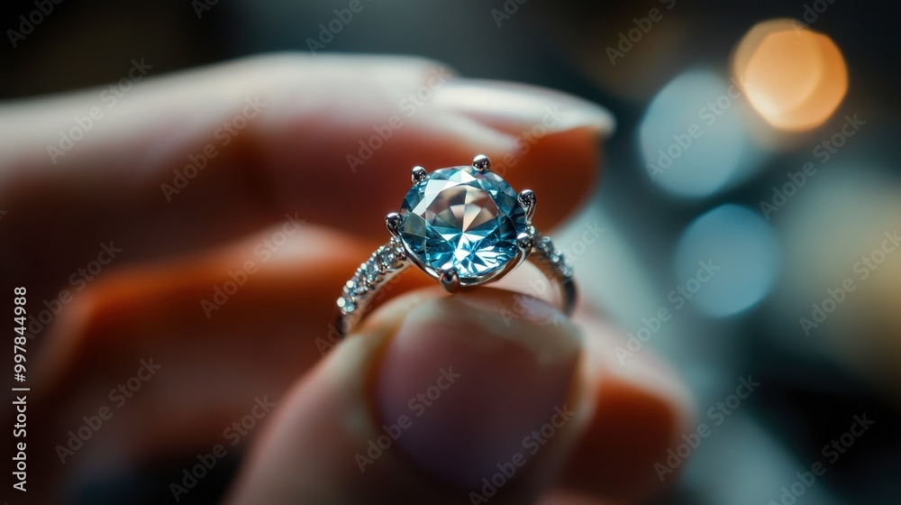 A jeweler adjusting the prongs of a ring holding a large gemstone. A jeweler adjusting the prongs of a ring holding a large gemstone.