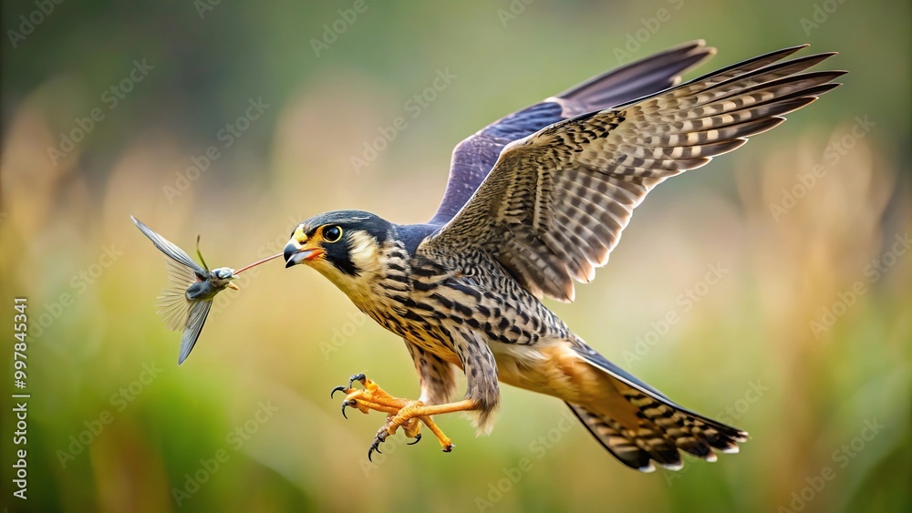 Fototapeta premium Eurasian Hobby falcon catching a dragonfly in mid-air