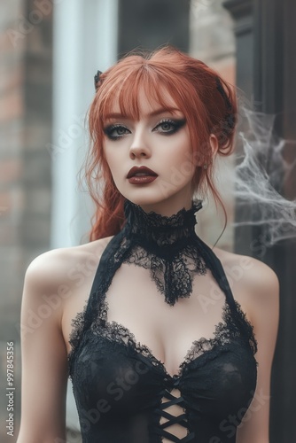 Portrait of a red head Goth style inspired woman, fashion and make-up shoot. Gothic, Goth, Emo, New Wave, Dark style fashion. Dark smokey make-up, red lipstick. Dramatic. Elegant.	
 photo