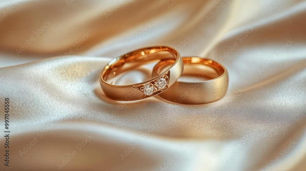 A pair of wedding rings photographed on a satin cloth, with soft ambient lighting.