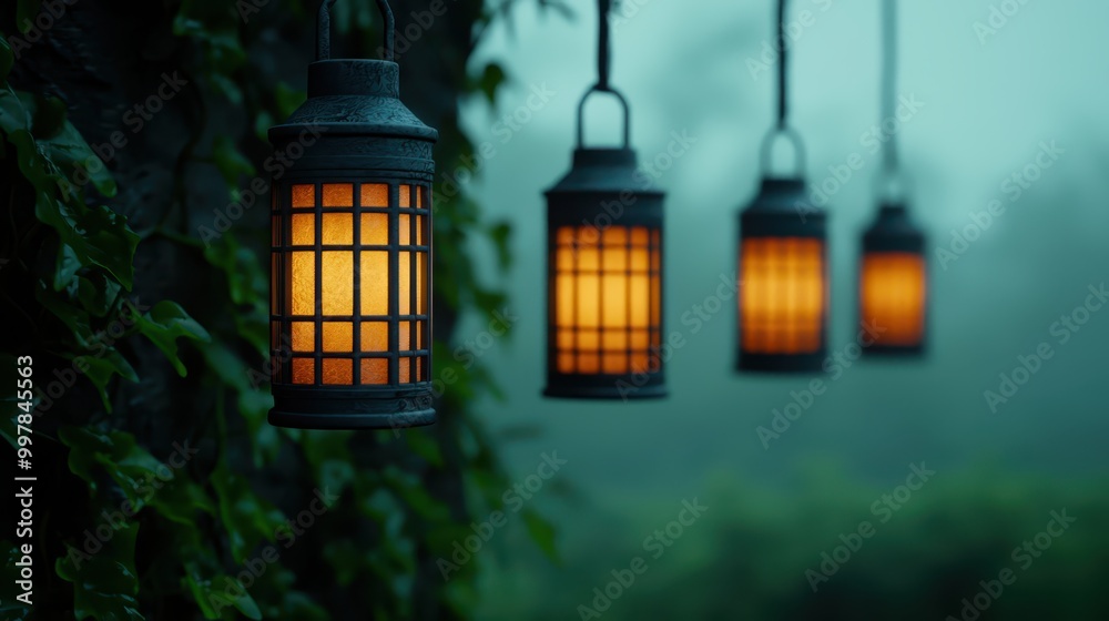 Enchanting Rustic Lanterns in Misty Vines - Serene Glow in Nature Enchanting Rustic Lanterns in Misty Vines - Serene Glow in Nature