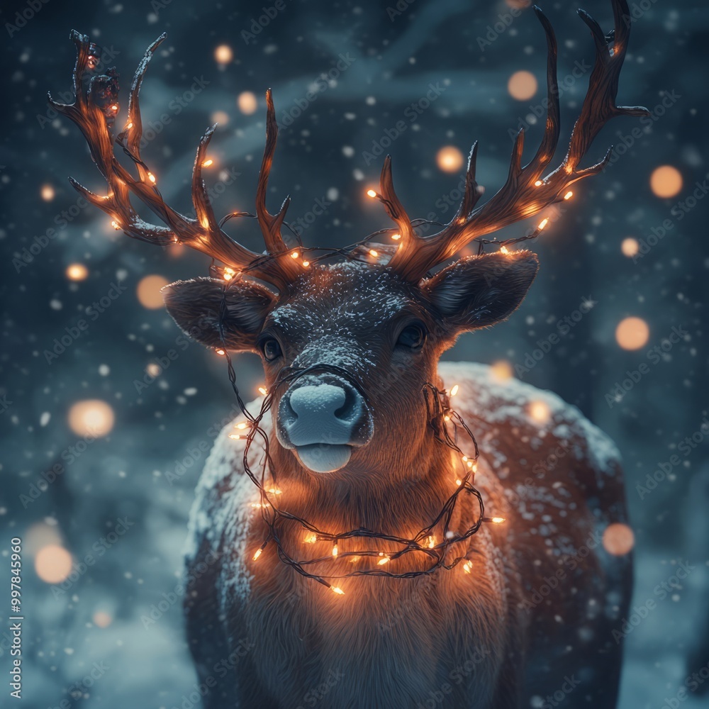 A deer adorned with glowing lights in a snowy forest setting.