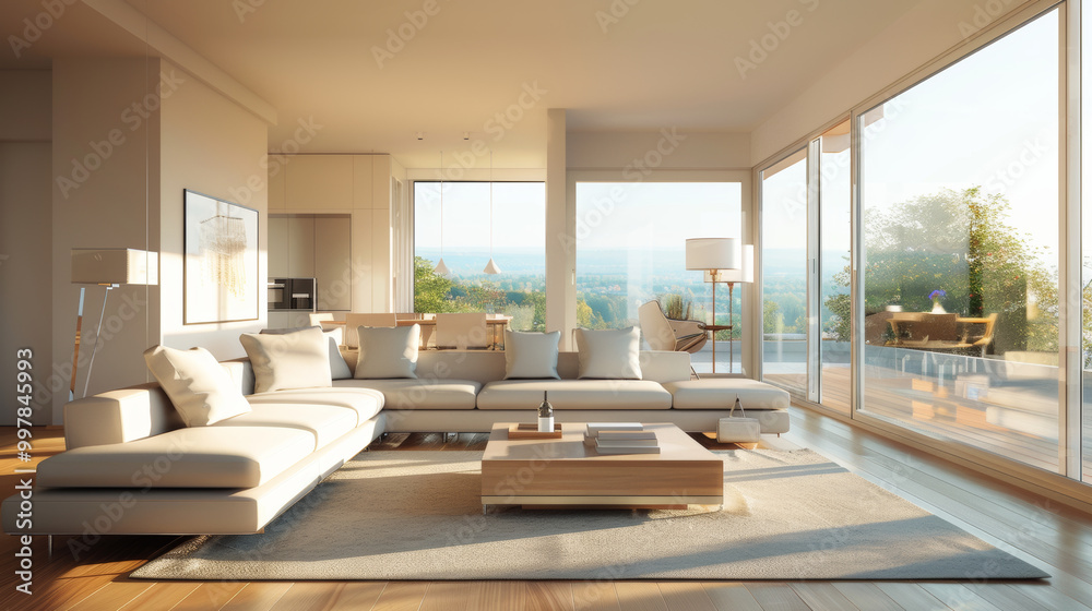 Fototapeta premium A modern living room featuring spacious sectional sofa, large windows with scenic views, and minimalist decor. warm sunlight creates cozy atmosphere, perfect for relaxation