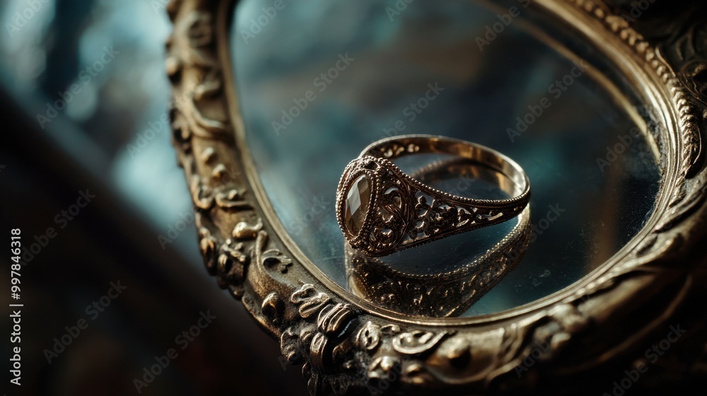 A ring with intricate design details placed on an antique mirror, reflecting soft light. A ring with intricate design details placed on an antique mirror, reflecting soft light.