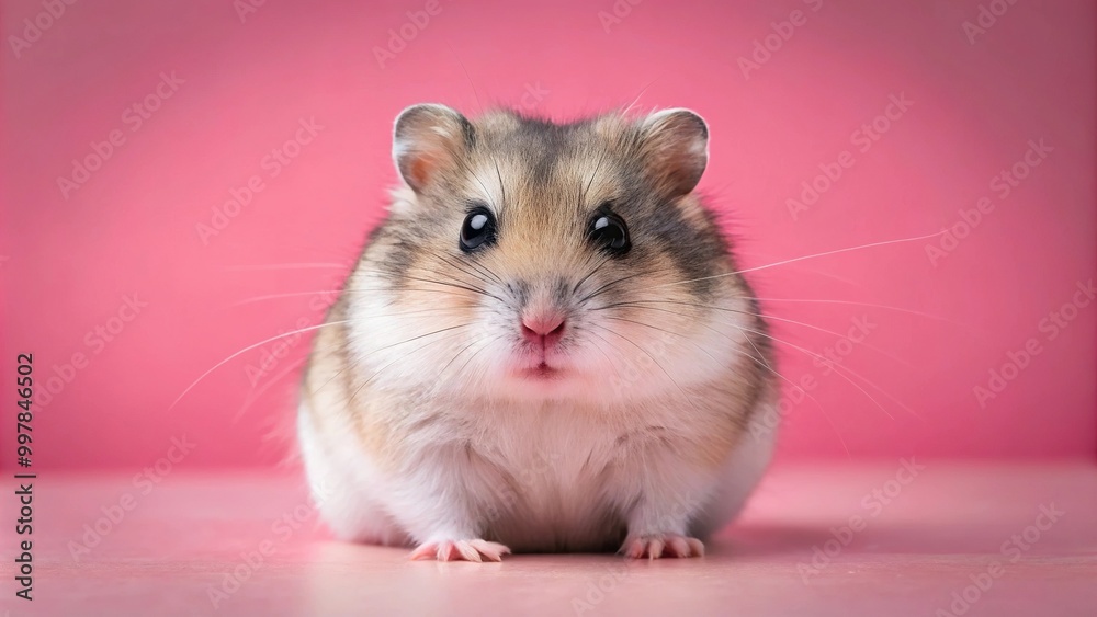 Evil and treacherous dwarf hamster on a symmetrical pink background with copy space Evil and treacherous dwarf hamster on a symmetrical pink background with copy space