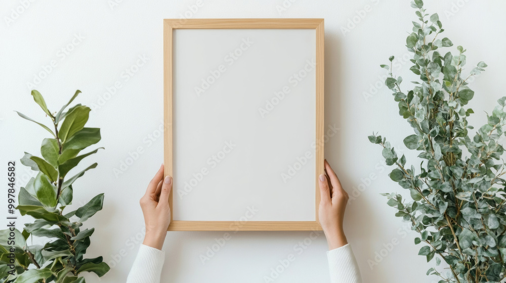 A person holds blank wooden frame surrounded by greenery, creating serene and inviting atmosphere. This image is perfect for showcasing creativity and inspiration