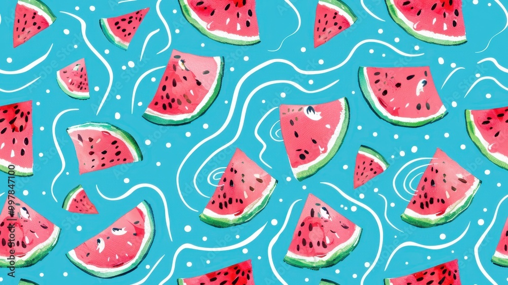 Illustrated seamless pattern of watermelon slices floating on a wavy turquoise background. Perfect for fun, fresh, and summer-themed designs.