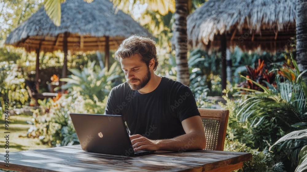 Young man sitting wooden table tropical garden He digital nomad working Young man sitting wooden table tropical garden He digital nomad working