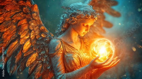 A warm and radiant angel with outstretched wings holding a glowing orb of healing energy in their hands.