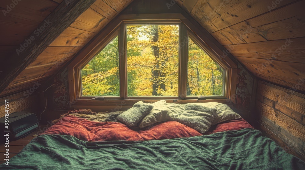 Fototapeta premium A minimalist, cozy attic room with wooden beams, soft cushions, and a large window looking out at golden autumn trees. Bright natural light fills the space.