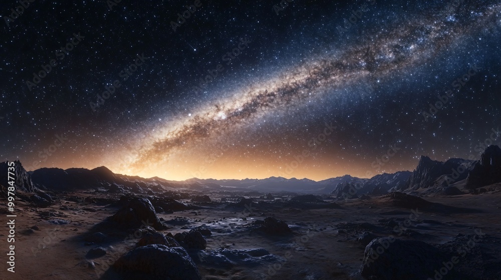 Naklejka premium A stunning view of a rocky alien landscape under a starry night sky, featuring the Milky Way.