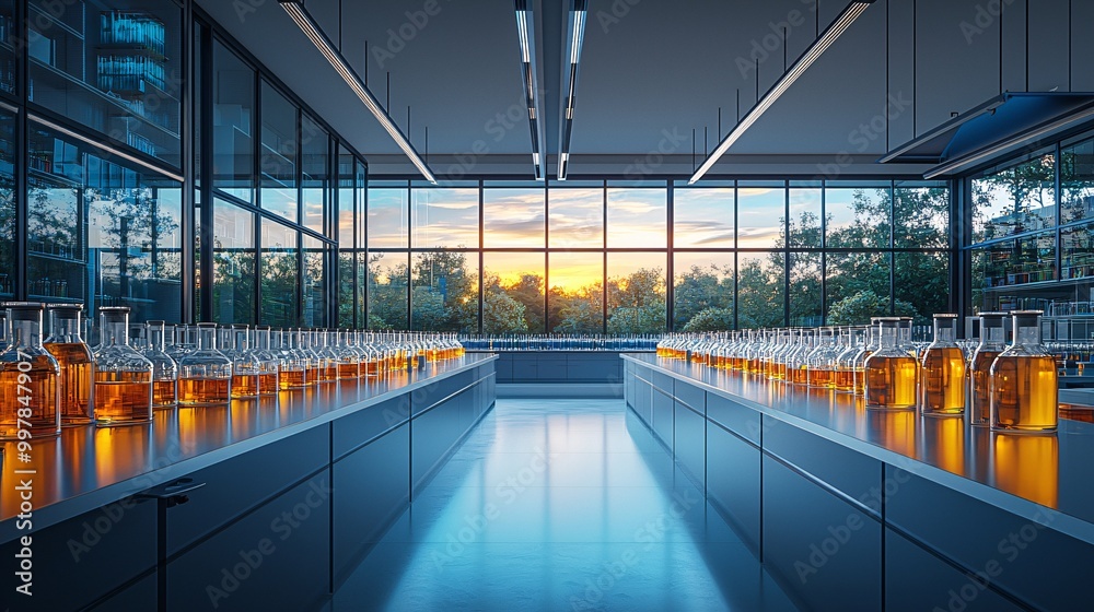 Fototapeta premium Modern Laboratory Interior with Glass Bottles Sunset View and Glass Walls