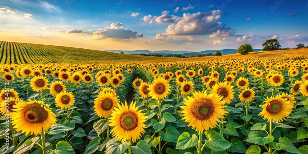 Obraz premium Expansive sunflower field with hillside backdrop, symmetrical