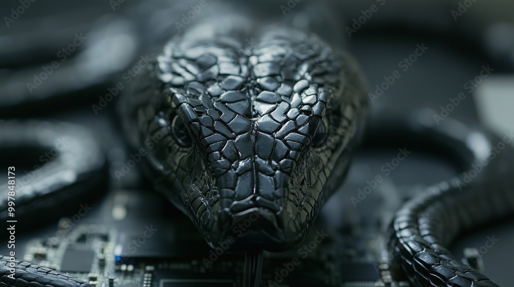 Close-up of a robotic black cobra on a circuit board, symbolizing tech and danger Close-up of a robotic black cobra on a circuit board, symbolizing tech and danger