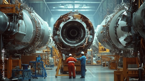 Two engineers, dressed in safety gear, are closely examining a large jet engine in a well-lit manufacturing facility. The atmosphere reflects a high-tech environment focused on aerospace assembly.
