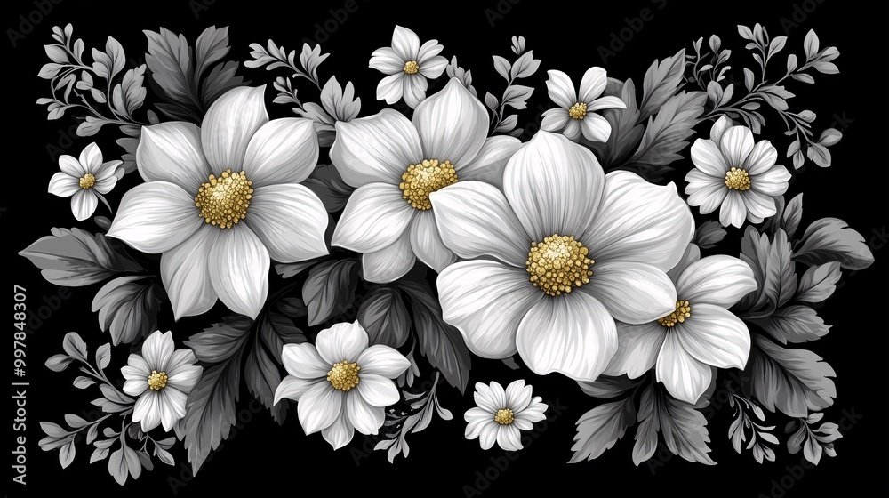 Fototapeta premium Elegant floral arrangement in grayscale with golden accents on a black background. Large white flowers with intricate leaves