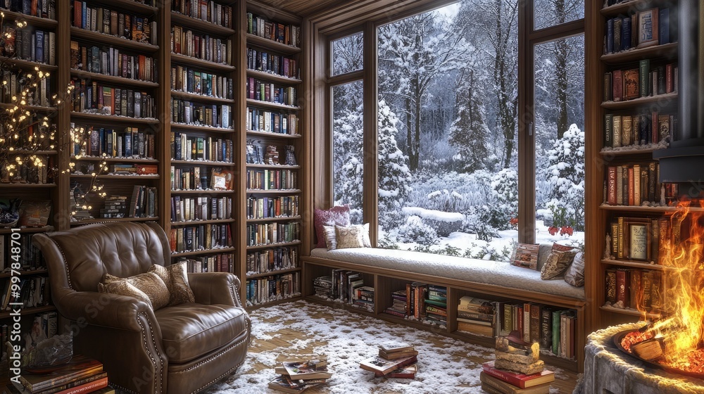 A cozy home library with built-in bookshelves