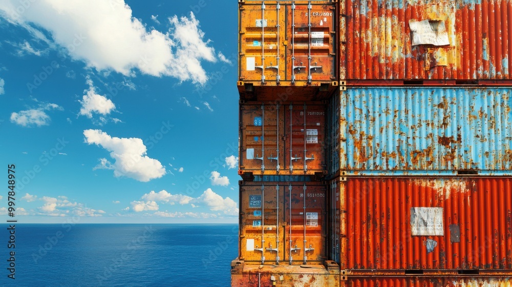 Fototapeta premium Industrial Beauty: Detailed Side View of Container Ship at Sea with Stacked Containers, Rust, Labels, and Blue Ocean Horizon