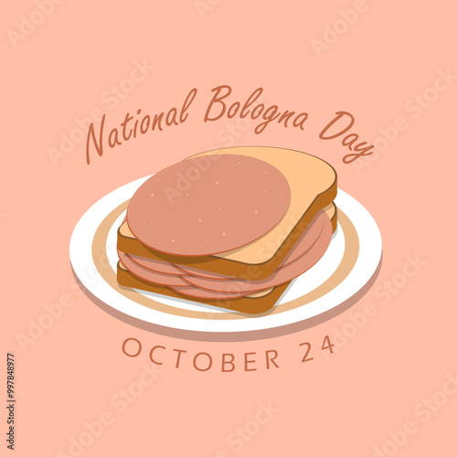National Bologna Day celebrate on October 24th. Sandwich containing pork or beef sausage served on white plate. Event food banner