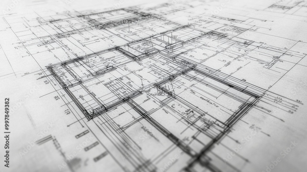 Close-up blueprint architectural drawing black white appears Detailed Close-up blueprint architectural drawing black white appears Detailed
