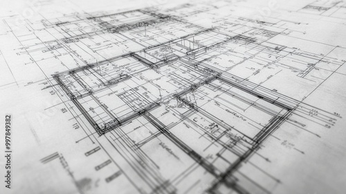 Close-up blueprint architectural drawing black white appears Detailed