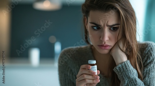 Woman holding small bottle of weight-loss pills, looking determined and focused in a minimalist, well-lit room with copy space for text. photo