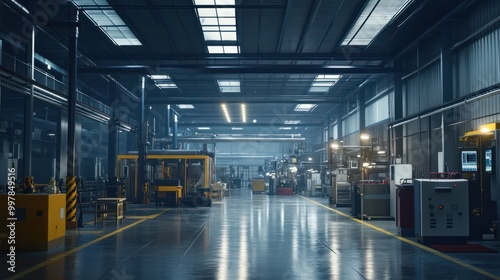 Brightly lit factory floor showcasing the extrusion of plastic films with workers and control systems. AI generated.