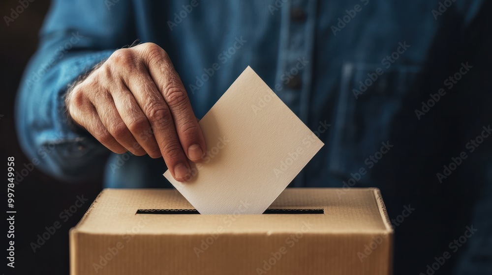 Close-up of a man hand casting a ballot into a simple cardboard voting box. Political choice, election day and voting concept. Close-up of a man hand casting a ballot into a simple cardboard voting box. Political choice, election day and voting concept.