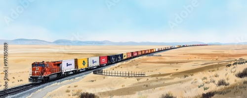 Freight trains halted by bureaucratic barriers, vast open plains, Watercolor style