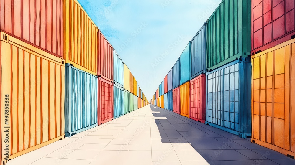 Fototapeta premium Global trade barriers, towering walls of containers blocking routes, Watercolor style