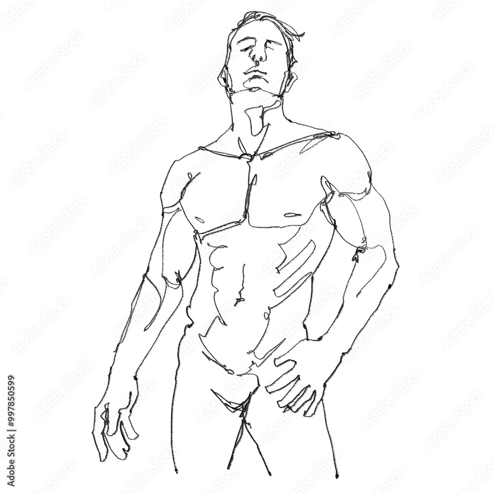 Fototapeta premium Nude male figure, contour drawing for graphic design.